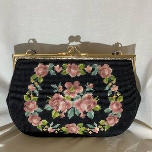 Vintage 50’s-60’s black floral needlepoint tapestry purse lined in pink